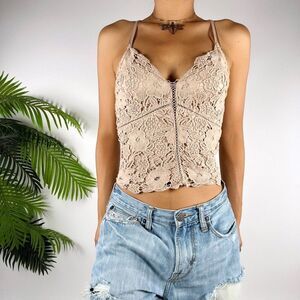 Vintage Beige Floral Crochet Cottagecore Boho Cropped Coquette Lace Tank Top / S